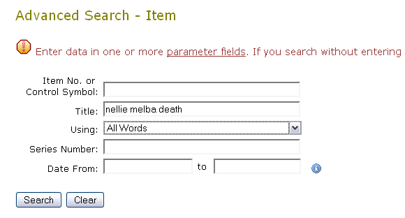 Archives Investigator - Advanced Item Search for Nellie Melba