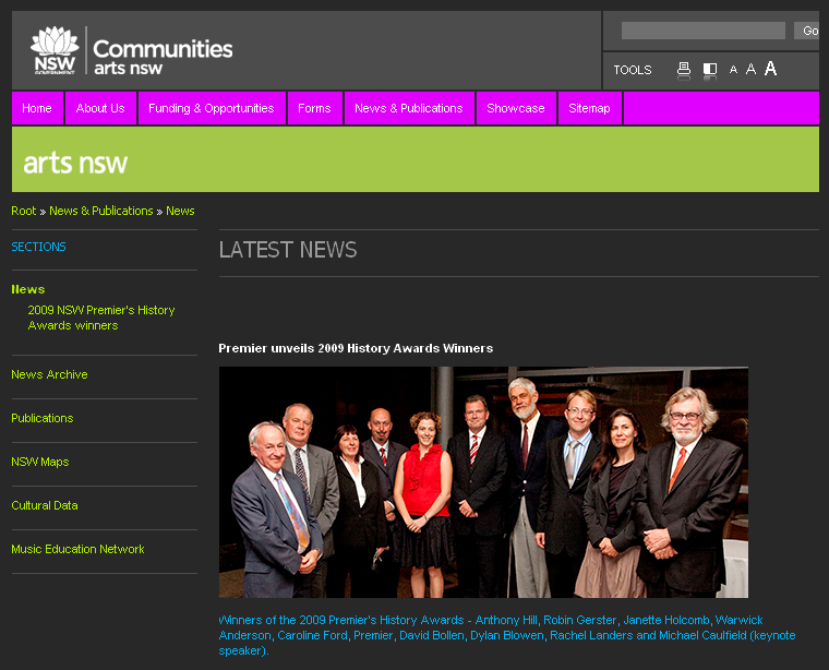 NSW Premier's History Awards 2009. Screenshot from Arts NSW website