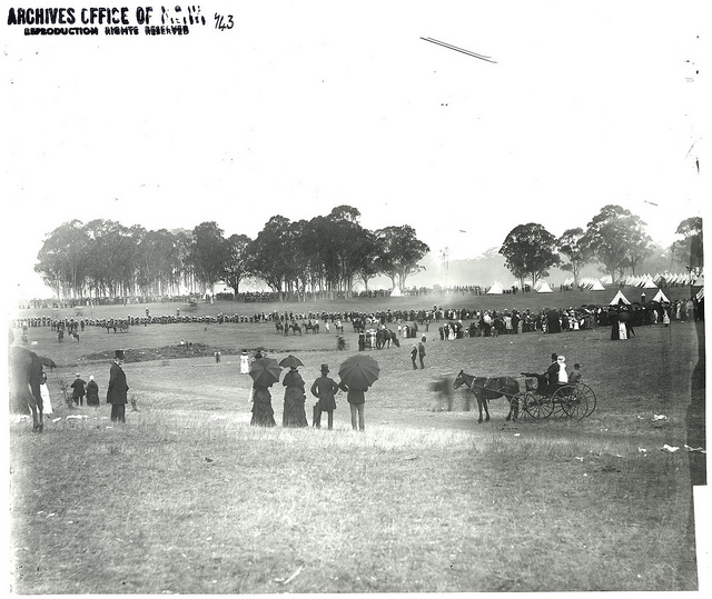 Believed to be NSW volunteers Easter Encampment at Windsor April 1884 - spectators watching soldiers 