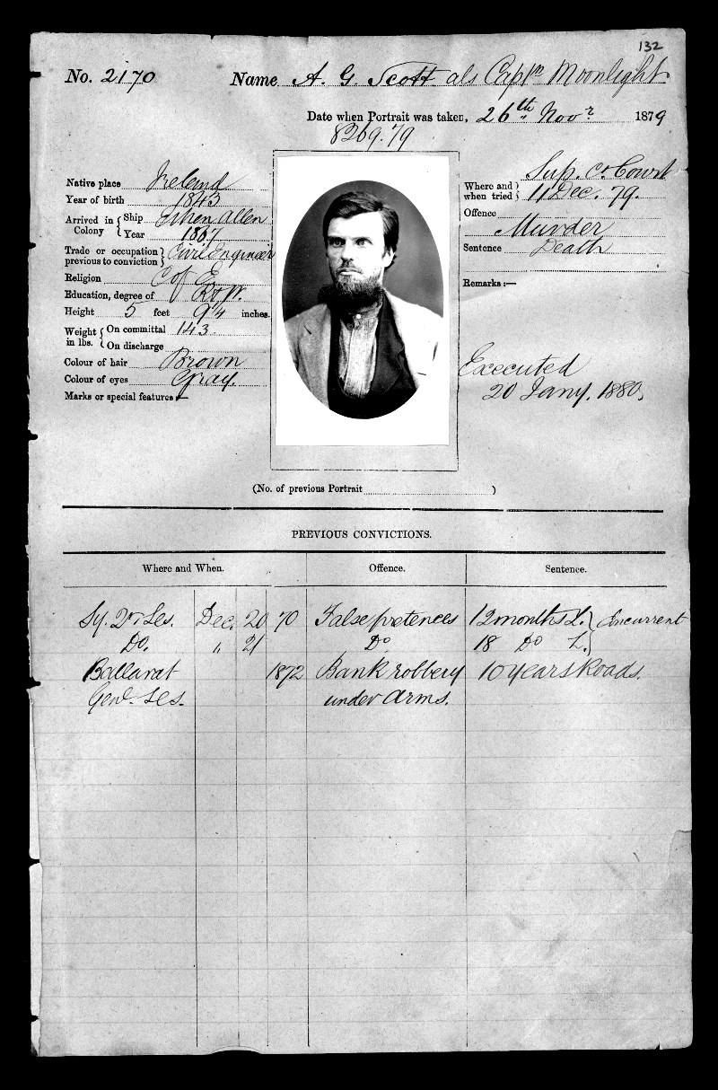 AG Scott aka Captain Moonlight - Darlinghurst Gaol photo (NRS 2138 3/6043 No 2170 p132) Nov 1879