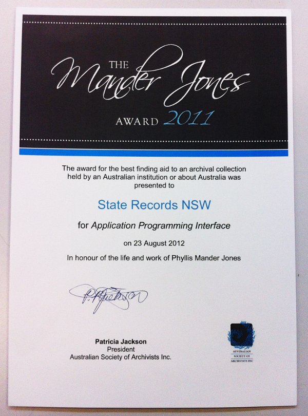 Certificate - Mander Jones Award 2011
