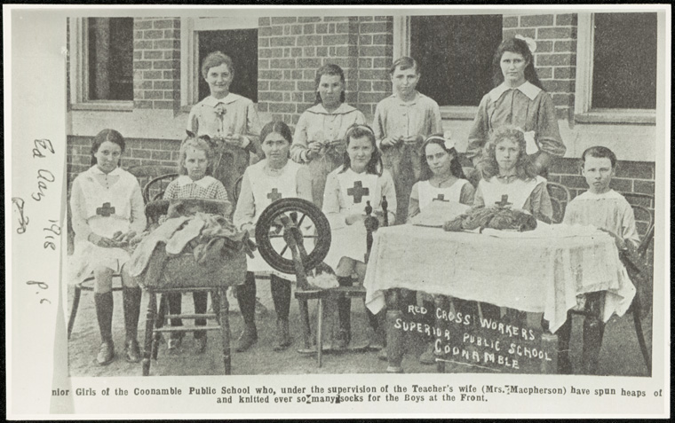 Caption: Coonamble Public School - Red Cross Workers Superior Public School Coonamble [spinning and knitting]  Digital ID: 15051_a047_003294.jpg  Date: year only 01/01/1918 